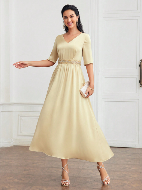 Акція на Плаття вечірнє міді літнє жіноче SHEIN GD-00144238 L Молочне від Rozetka