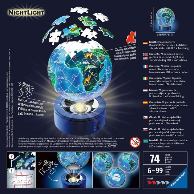 Puzzle 3D Ravensburger Lampka nocna Ziemia nocą 72 elementy 118441 (4005556118441) - obraz 3