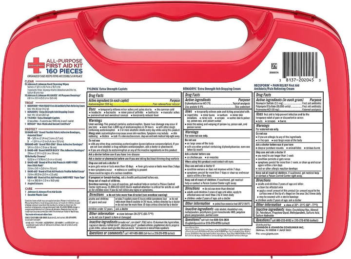 Універсальна аптечка Johnson & Johnson First Aid Kit для дому, автомобіля, подорожей, 160 предметів - зображення 3