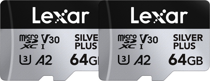 Zestaw kart pamięci Lexar Professional microSDXC SILVER Plus 64GB UHS-I A2 V30 U3 4K 2 szt. (LMSSIPL064G-B2ANG) - obraz 1