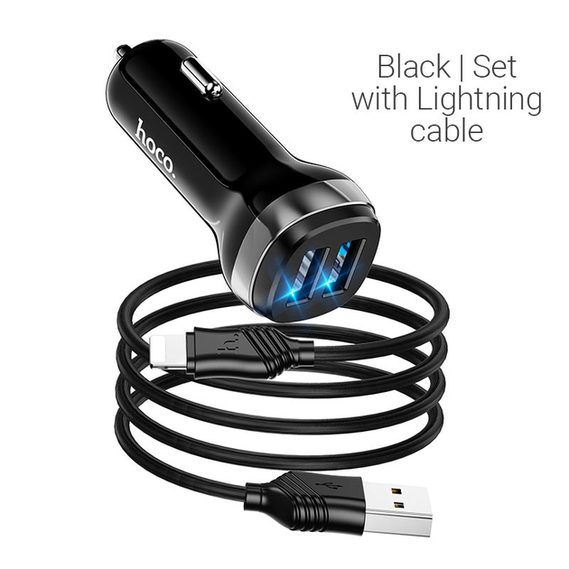 АЗУ HOCO Z49 Level dual port car charger set + Lightning black - Фото 1 АЗУ HOCO Z49 Level dual port car charger set + Lightning black - изображение 1