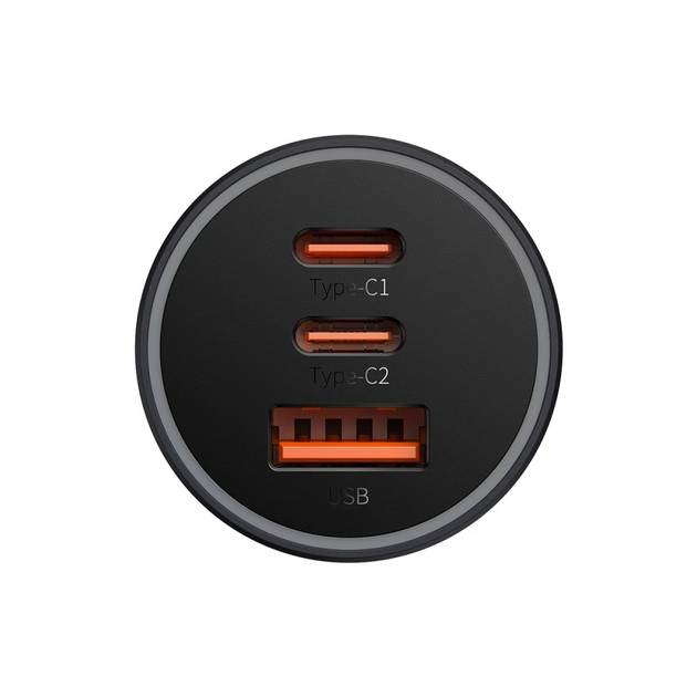 Автомобильное зарядное устройство Baseus Golden Contactor Triple Fast Charger 65W 2xUSB-C/USB-A Dark Grey - изображение 5