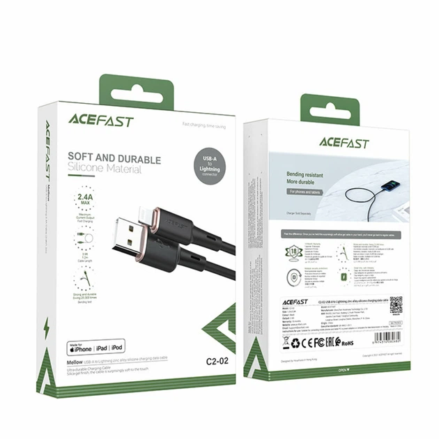 Кабель Lightning Acefast C2-02 2.4A 1.2м, зарядный кабель для iPhone, Black - Фото 5 Кабель Lightning Acefast C2-02 2.4A 1.2м, зарядный кабель для iPhone, Black - изображение 5