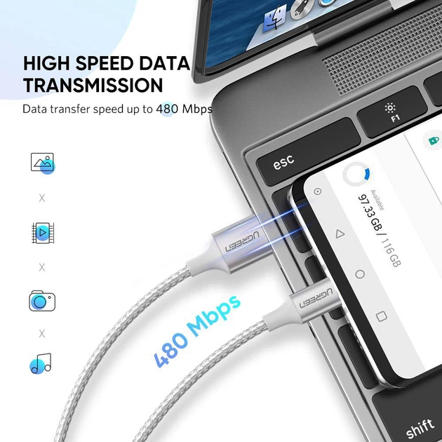 Кабель UGREEN US288 USB 2.0 to USB Type-C Cable Nickel Plating Aluminum Braid 3A 2m White (60133) - зображення 2