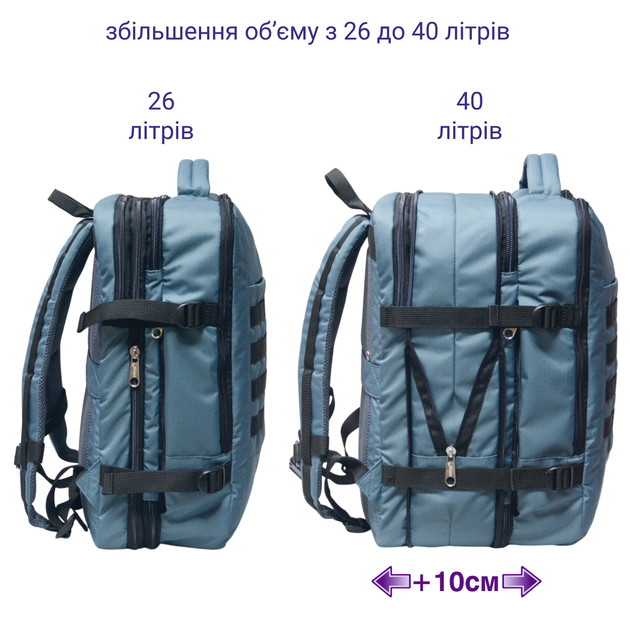 Рюкзак ручна поклажа в літак 50 40 20 DERBY CabinPack-40 з відділом для ноутбука до 17,3" збільшується об'єм 26-40 літрів відділення для одягу в дорогу для подорожей 40 30 20 сірий - Фото 4 Рюкзак ручна поклажа в літак 50 40 20 DERBY CabinPack-40 з відділом для ноутбука до 17,3" збільшується об'єм 26-40 літрів відділення для одягу в дорогу для подорожей 40 30 20 сірий - зображення 4