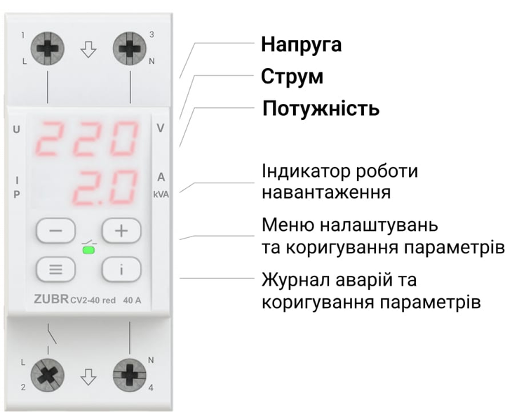 Реле напруги ZUBR CV2-40 red з контролем струму (40 А, 8 800 ВА) (4820120222160) - зображення 2