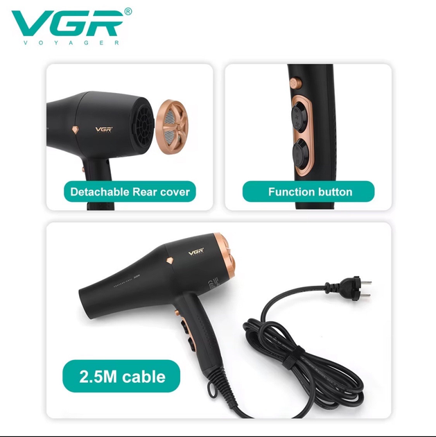 Фен для волосся VGR з дифузором та концентратором 2600W - зображення 2