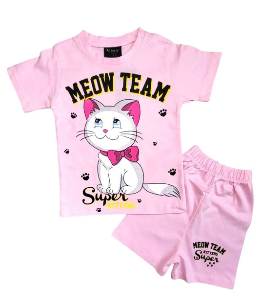Комплект для девочки футболка и шорты принт котик Meow Team 80 розовый - Фото 1 Комплект для девочки футболка и шорты принт котик Meow Team 80 розовый - изображение 1