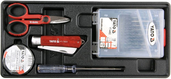 Wkład do szuflady narzędziowej YATO wiertła 1-10 mm, nożyczki, nóż, wkrętak-wskaźnik napięcia 250 V (YT-55471) - obraz 1