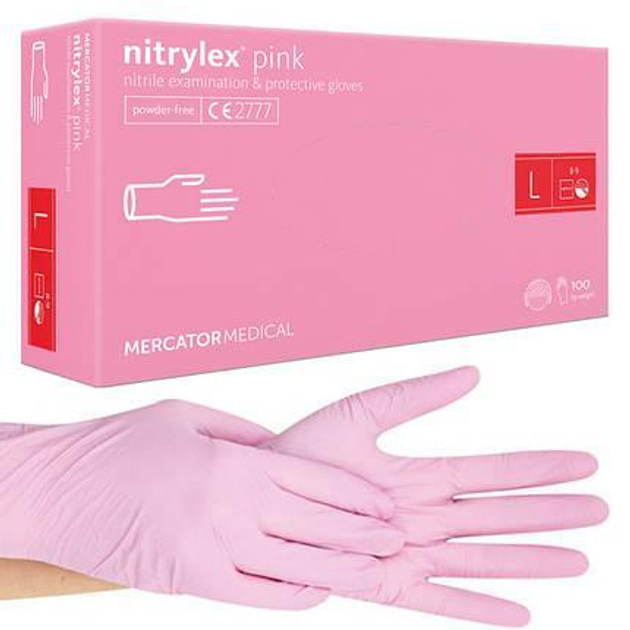 Нітрилові рукавички Nitrylex® Pink, щільність 3.5 г. — рожеві (100 шт.) L (8-9) - зображення 1