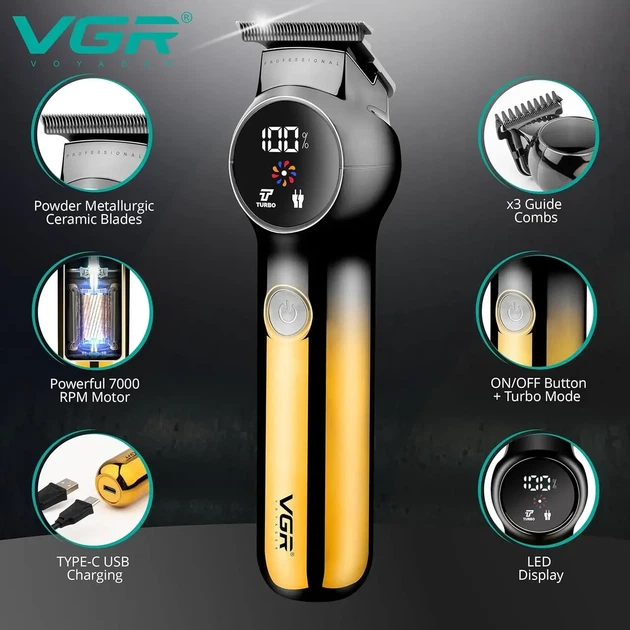 Машинка для стрижки волос VGR V-989 с USB 1200 mAh и LED дисплеем Золотистый 9095 - изображение 7