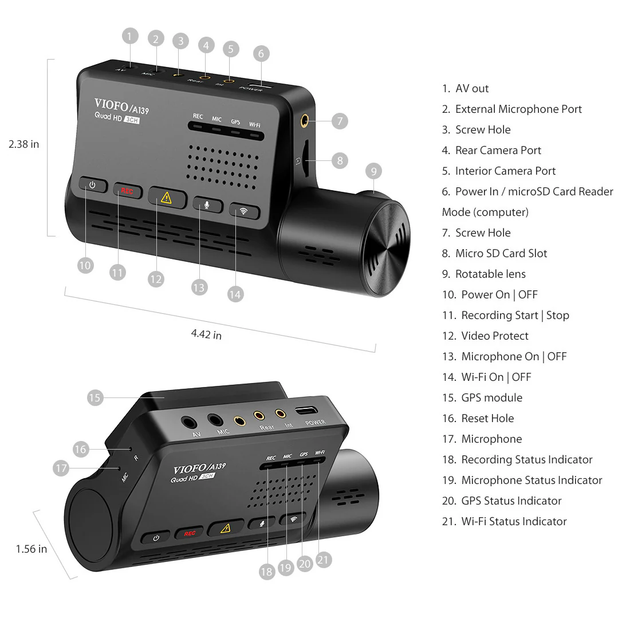 Відеореєстратор VIOFO A139 / 2К / 170° / GPS / Wi-Fi / Додаткові камери / Суперконденсатор / Чорний Б/В - зображення 8