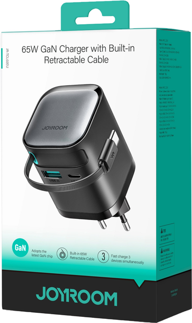 Ładowarka sieciowa JOYROOM GaN 65W Charger with Retractable Cable Black (JR-TCL02EU) - obraz 2