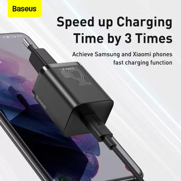 Сетевое зарядное устройство 25W Baseus Super Si Quick Charger Быстрая зарядка 1C QC3.0+PD3.0 Type-C 3A + кабель Baseus Type-C to Type-C 3A 1м TZCCSUP-L01 Black - изображение 7