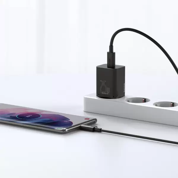 Сетевое зарядное устройство 25W Baseus Super Si Quick Charger Быстрая зарядка 1C QC3.0+PD3.0 Type-C 3A + кабель Baseus Type-C to Type-C 3A 1м TZCCSUP-L01 Black - изображение 8