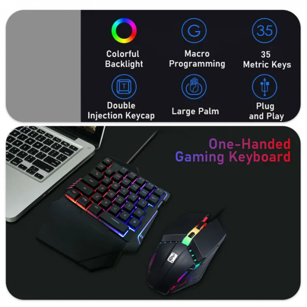 Комплект игровой 2в1 одноручная клавиатура и мышь с подсветкой RGB 198I G506 - Фото 3 Комплект игровой 2в1 одноручная клавиатура и мышь с подсветкой RGB 198I G506 - изображение 3