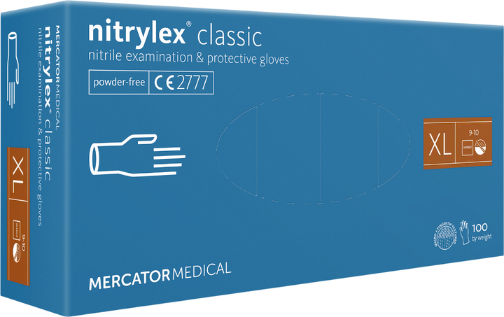 Нітрилові рукавички Mercator Medical Nitrylex Classic неопудрені, діагностичні, сині, розмір XL, 100 шт (3.1020) - зображення 1