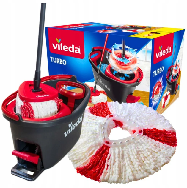 Набор для уборки Vileda Easy Wring & Clean Turbo 2 in 1 в комплекте телескопическая швабра из микрофибры, ведро с механическим отжимом (163422) - Фото 6 Набор для уборки Vileda Easy Wring & Clean Turbo 2 in 1 в комплекте телескопическая швабра из микрофибры, ведро с механическим отжимом (163422) - изображение 6