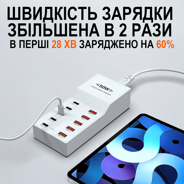 Багатопортовий мережевий зарядний пристрій Addap WLX-T6, мзп на 5 USB + 5 USB-C портів, 50W - зображення 7