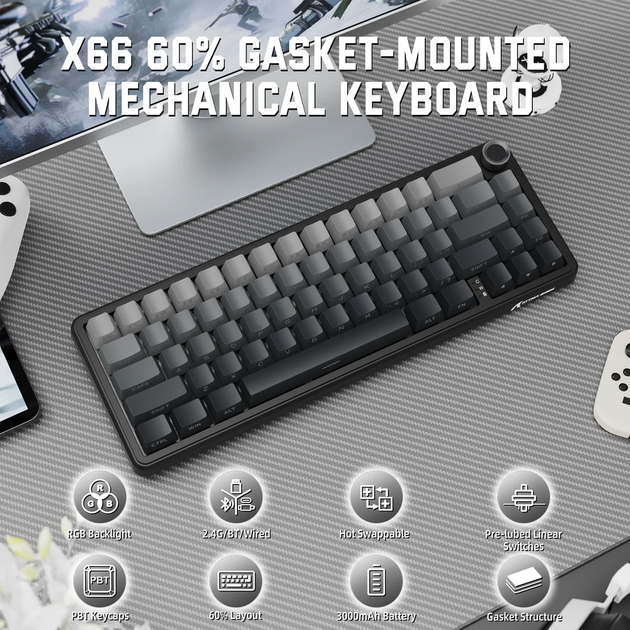 Бездротова механічна клавіатура ATTACK SHARK X66 (60% ANSI Layout), Hot-Swap, WIRED+2.4G+BT5.0, Moonlit Night - изображение 3