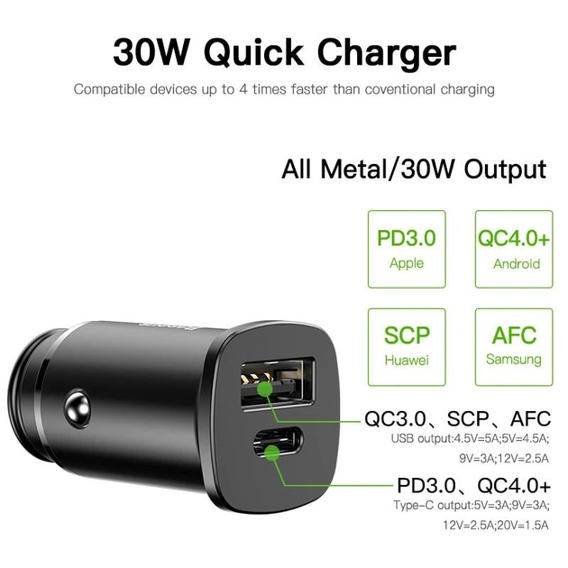 Автомобільний зарядний пристрій BASEUS B5-C15C PPC Car Charger 30W PD QC 4.0 (Чорне, Type-C + USB) - зображення 4