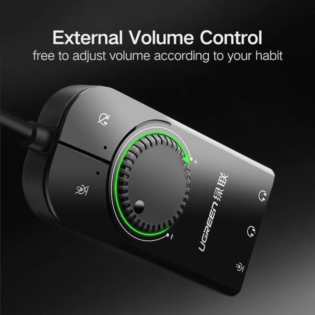 Зовнішня звукова карта Ugreen USB 2.0 c регулятором гучності CM129 (Чорна, 1м) - изображение 3