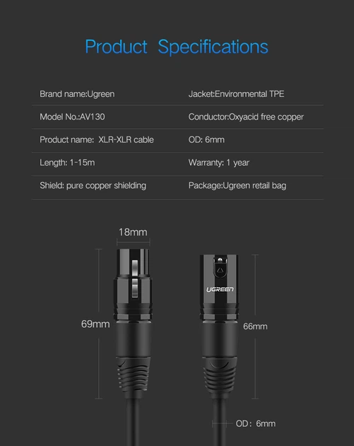Мікрофонний кабель Ugreen AV130 XLR Male to Female Microphone Cable (Чорний, 2м) - изображение 10
