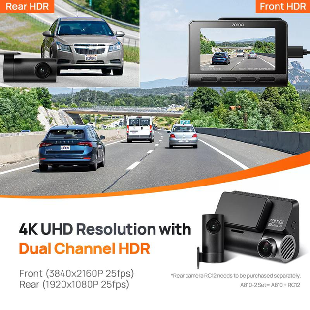 Автомобільний відеореєстратор комплект Xiaomi 70mai Dash Cam A810 з GPS HDR 4K Global + камера заднього виду Rear Cam RC12 (керування зі смартфону) - зображення 10