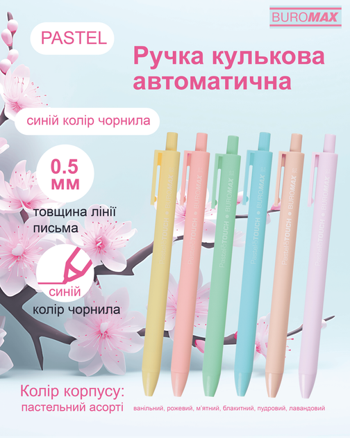 Набор автоматических шариковых ручек Buromax Pastel Синий 0.5 мм Разноцветный корус 4 шт (BM.8242.Z) - изображение 2
