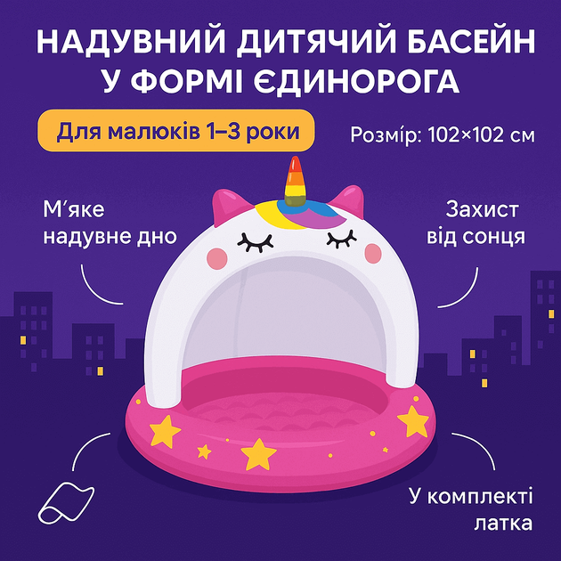 Детский надувной бассейн Intex «Единорог» 102×102 см - с козырьком, мягкое дно, арт. 58438 - изображение 2