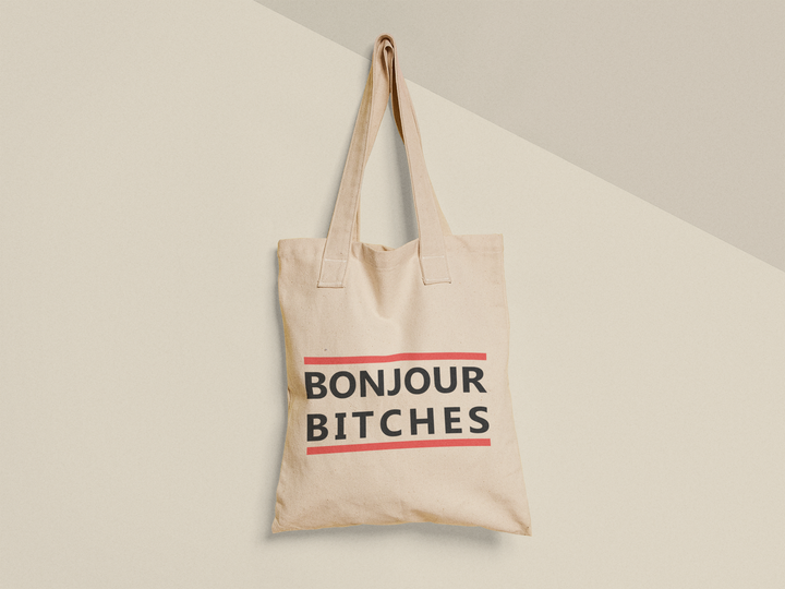 Эко сумка шоппер с принтом Bonjour bitches 38х40см Бежевая - Фото 1 Эко сумка шоппер с принтом Bonjour bitches 38х40см Бежевая - изображение 1