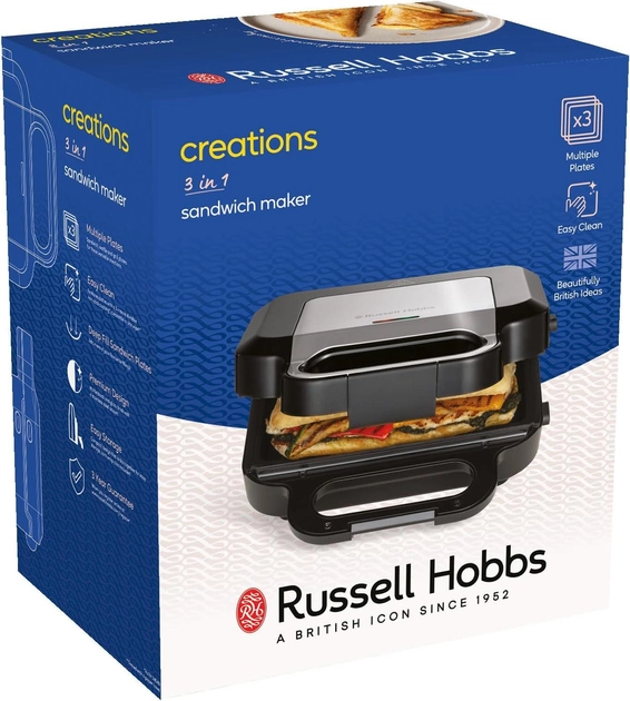 Мультимейкер Russell Hobbs, 750Вт, комплект-3 пластини, алюміній, корпус-нержав.сталь, пластик, чорний-срібний - изображение 14