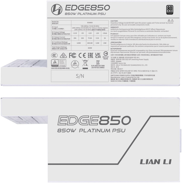 Zasilacz Lian Li EDGE EG0850 850W 80 Plus Platinum White (G9P.EG0850.WE00.EU) - obraz 8
