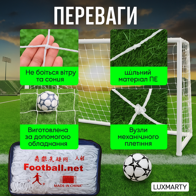 Сетка для футбольных ворот 11х11 Luxmarty (2 штуки, 750×250×120 см., білий колір, нитка 2 мм.) - изображение 2
