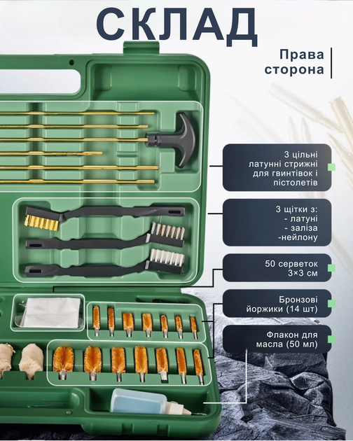 Большой набор для чистки оружия всех калибров в кейсе 64 предмета шомполы ершики щетки переходники флаконы - изображение 3