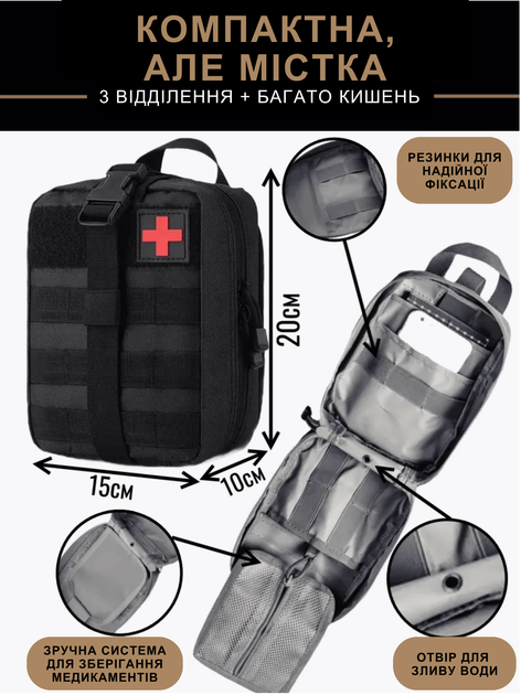 Тактическая аптечка 20×15×10 см черная с MOLLE креплением съёмной платформой и отделениями для медикаментов - изображение 2