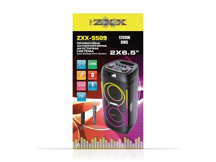 Колонка на акумуляторі з мікрофоном ZXX-5509 1200 Вт 2x6,5" 265х265х620мм TWS/FM/USB/TF/BT/LED/REC/ДК/MIC - Фото 2 Колонка на акумуляторі з мікрофоном ZXX-5509 1200 Вт 2x6,5" 265х265х620мм TWS/FM/USB/TF/BT/LED/REC/ДК/MIC - зображення 2