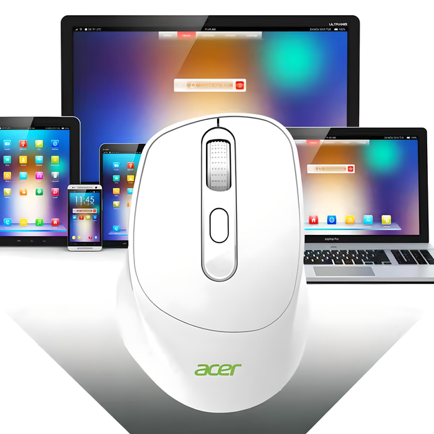 Миша ACER OMR213 з бездротовим підключенням Bluetooth і USB 2.4GHz та акумулятором, 1600DPI, білий - зображення 2