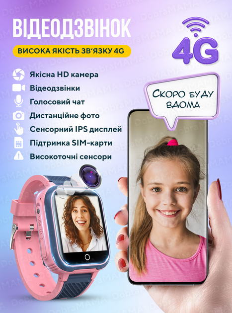 Детские смарт часы с сим картой gps умные часы для детей ребенка детский трекер на руку с камерой видеозвонком прослушкой фитнес браслет водонепроницаемый с защитным стеклом LT21 DobraMAMA Розовый 66001 - изображение 4