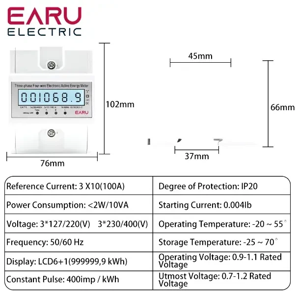 Счетчик электроэнергии трехфазный EA771 EARU на дин рейке 3x10(100)А 3X230/400V 50Hz с подсветкой дисплея - Фото 5 Счетчик электроэнергии трехфазный EA771 EARU на дин рейке 3x10(100)А 3X230/400V 50Hz с подсветкой дисплея - изображение 5