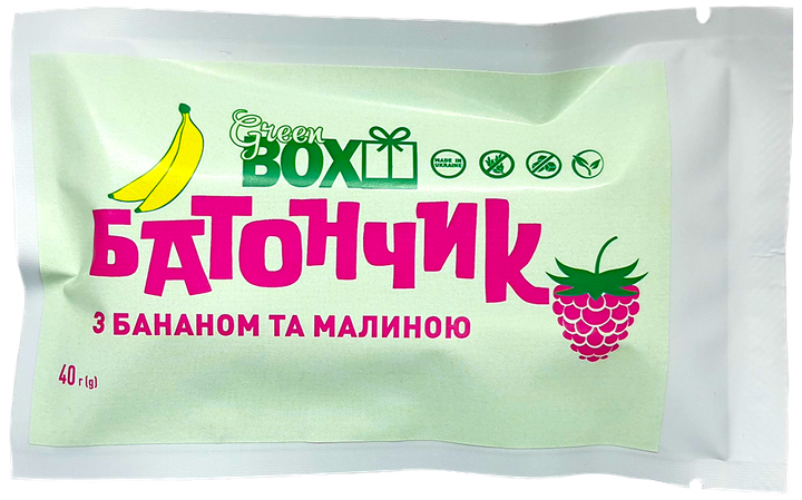 Батончик Green Box «з Бананом та Малиною» 40г - Фото 1 Батончик Green Box «з Бананом та Малиною» 40г - зображення 1