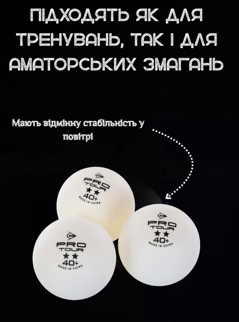 Набір м'ячів кульок для настільного тенісу 3 штуки DUNLOP PRO TOUR DL679348N (пластик, d-40мм, білий) - зображення 2