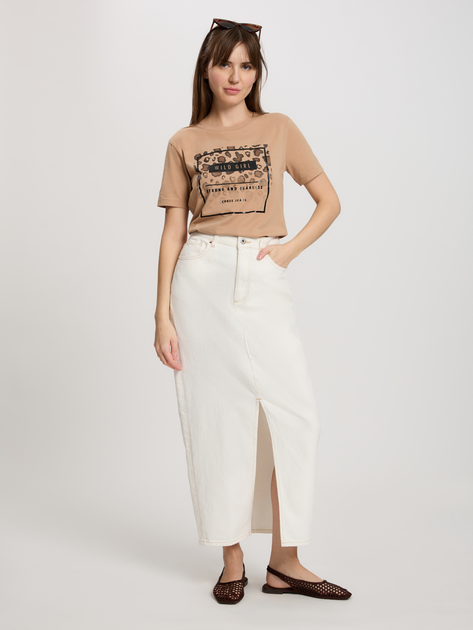 T-shirt damski bawełniany z nadrukiem Cross Jeans 56150-082 L Brązowy (8697319730937) - obraz 3