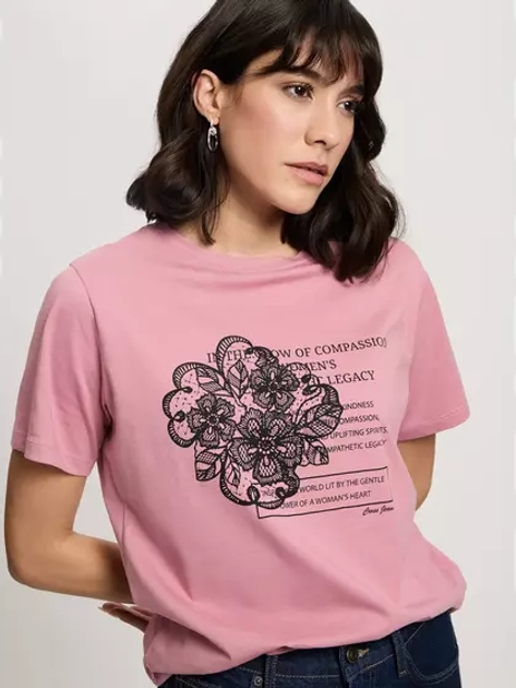 T-shirt damski bawełniany z nadrukiem Cross Jeans 56153-301 L Różowy (8697319731088) - obraz 5