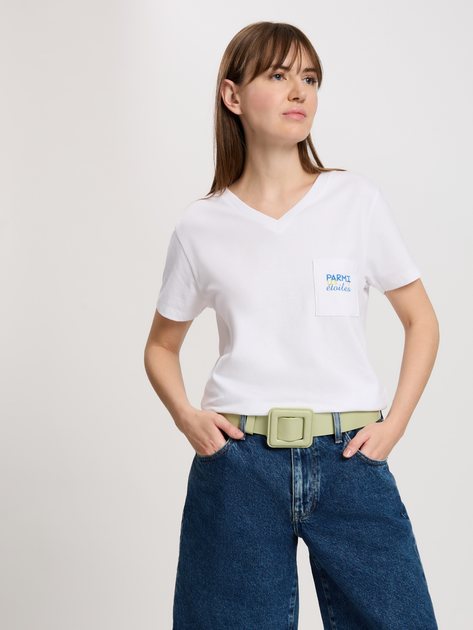 T-shirt damski bawełniany w serek Cross Jeans 56166-008 XL Biały (8697319731941) - obraz 1