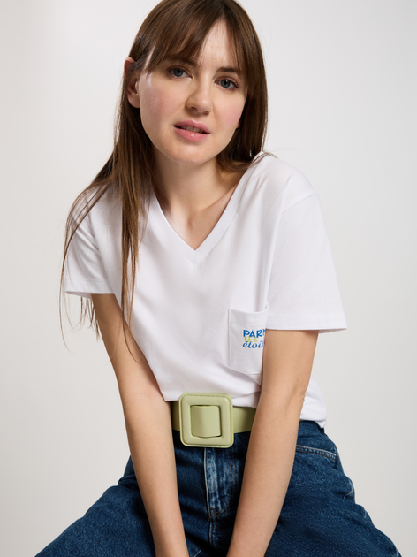 T-shirt damski bawełniany w serek Cross Jeans 56166-008 M Biały (8697319731927) - obraz 5