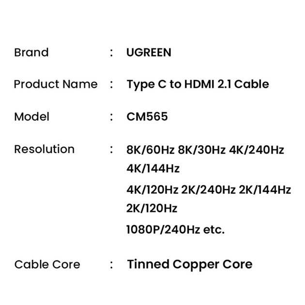 Кабель UGREEN CM565 USB-C to HDMI 2.1 8K/60Hz 2м - зображення 8