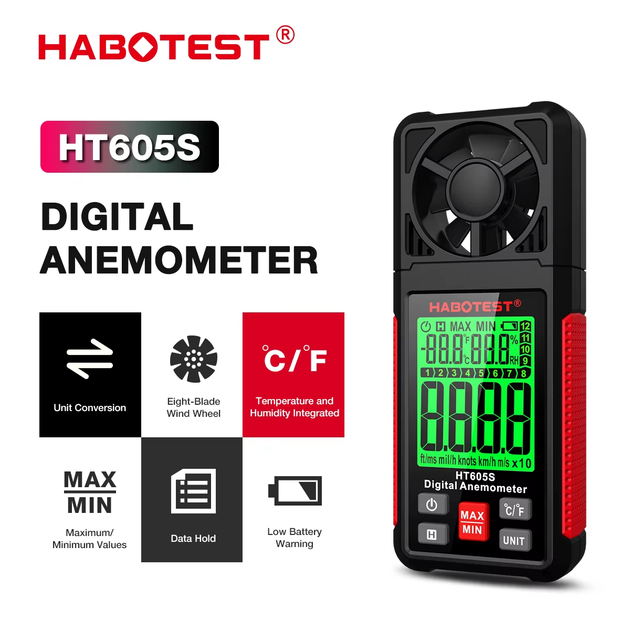 Цифровой анемометр HABOTEST HT605S 0.4-30.0 м/с с датчиком температуры и влажности - изображение 3