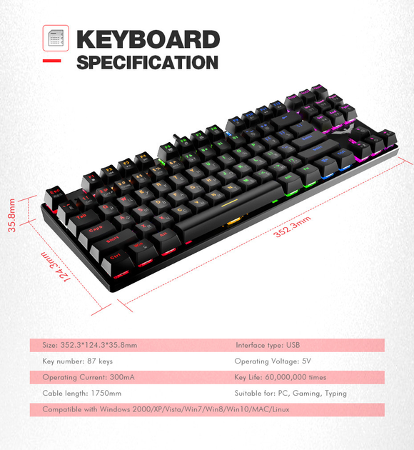 Клавиатура игровая механическая проводная USB с подсветкой 87 клавиш HAVIT HV-KB435L-LED Синие свитчи - изображение 11