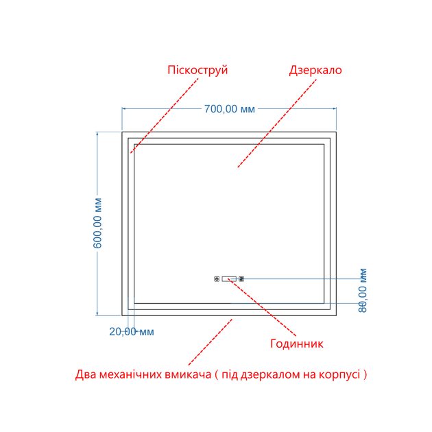 LED-дзеркало,70x60см, з двома сенсорами, годинником, механічним вмикачем та підігрівом, модель Karnet (Karnet/700x600/214151/21/1) - изображение 3
